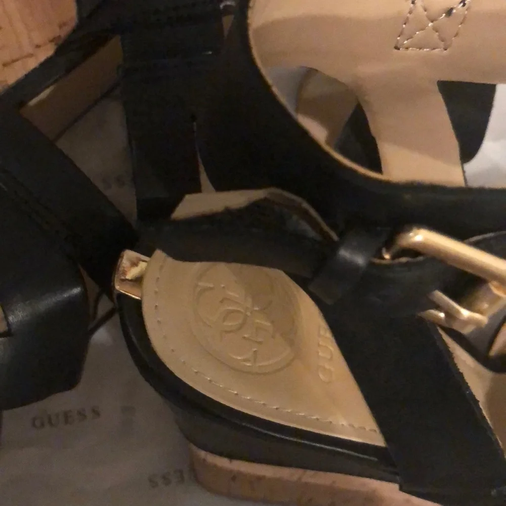 GUESS Black Leather Strappy Cork Wedge Sandals